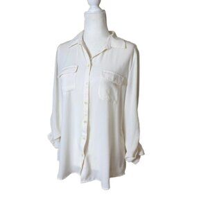 LOFT Cream Silky Semi Sheer Button Down Blouse Size Medium Cream
